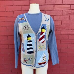 Bobbie Brooks Nautical Knit Vest‎ Embroidered Lighthouse Anchors Medium